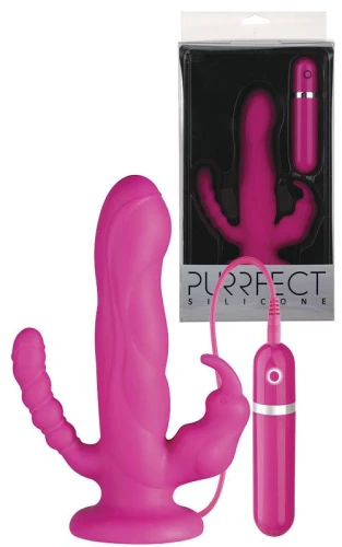 Розовый вибратор с двумя дополнительными отростками PURRFECT SILICONE 3WAYS VIBRATOR 6.5INCH - 17 см.