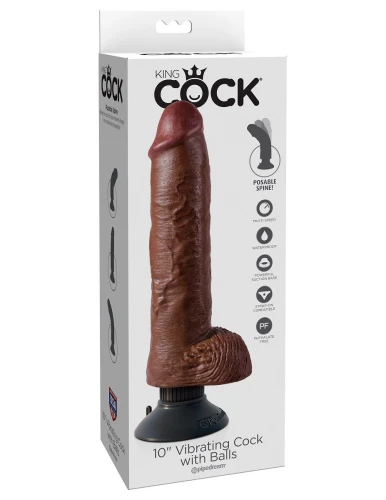 Коричневый вибратор-гигант со съёмной присоской 10" Vibrating Cock with Balls - 25,4 см.