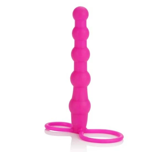 Розовая насадка для двойного проникновения Silicone Love Rider Beaded Dual Penetrator - 14,5 см.
