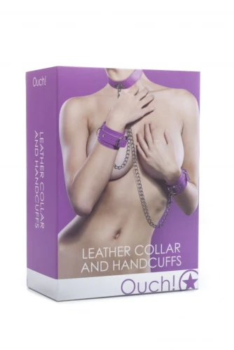 Фиолетовый комплект для бондажа Leather Collar and Handcuffs