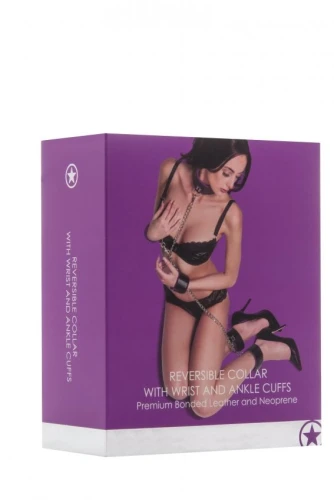 Чёрно-фиолетовый двусторонний комплект для бандажа Reversible Collar / Wrist / Ankle Cuffs