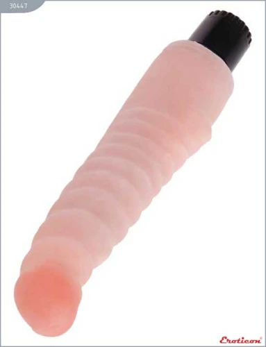 Телесный вибратор с рёбрышками и утолщением ствола у основания - 21 см.