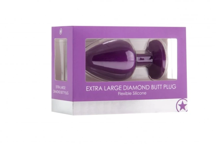 Фиолетовая анальная пробка OUCH! Extra Large Diamond Butt Plug с кристаллом - 9,3 см.