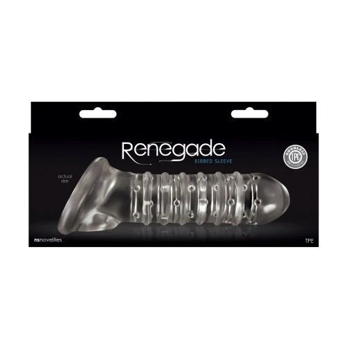 Прозрачная насадка на пенис с точками, рёбрами и подхватом мошонки Renegade Ribbed Sleeve