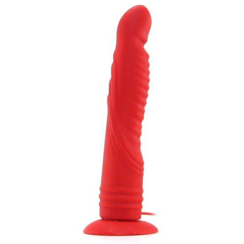Красный женский страпон с вибрацией 8" Vibrating Silicone Ribbed Strap-on - 21,6 см.