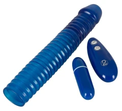 Синяя вибронасадка на пенис Vibrating Sleeve с пультом управления - 22,5 см.