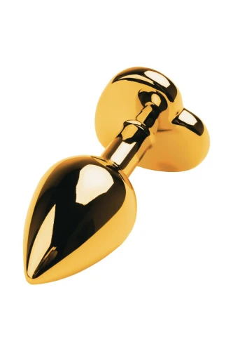 Золотистая анальная пробка с чёрным стразом в форме сердца - 9,5 см.