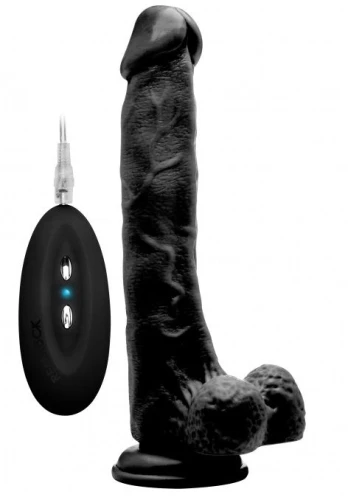 Чёрный вибратор-реалистик Vibrating Realistic Cock 10" With Scrotum - 27 см.