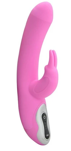 Розовый вибратор с клиторальным стимулятором TRI RABBIT - 22 см.
