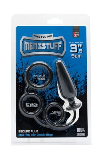 Чёрное эрекционное кольцо с подхватом и анальным стимулятором MENZSTUFF 3.5INCH DOUBLE RING ANAL PLUG