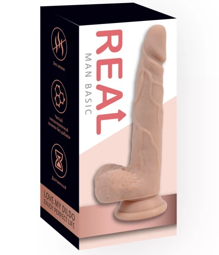 Силиконовый фаллоимитатор с мошонкой на присоске REAL Man Basic Slim