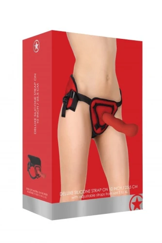 Красный страпон Deluxe Silicone Strap On 10 Inch с волнистой насадкой - 25,5 см.